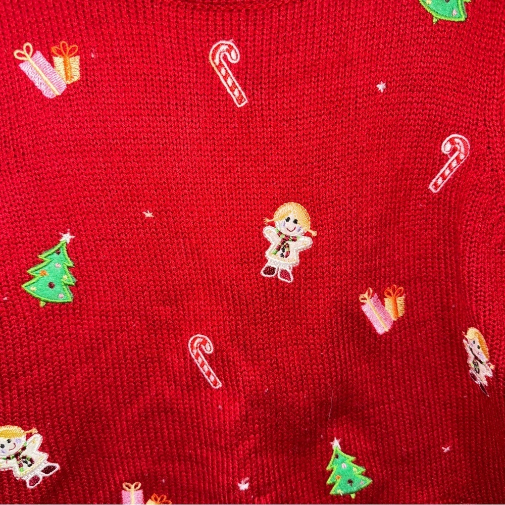 Vintage Christmas knit sweater embroidered toddler girl holidays bows candy cane - Picture 2 of 8